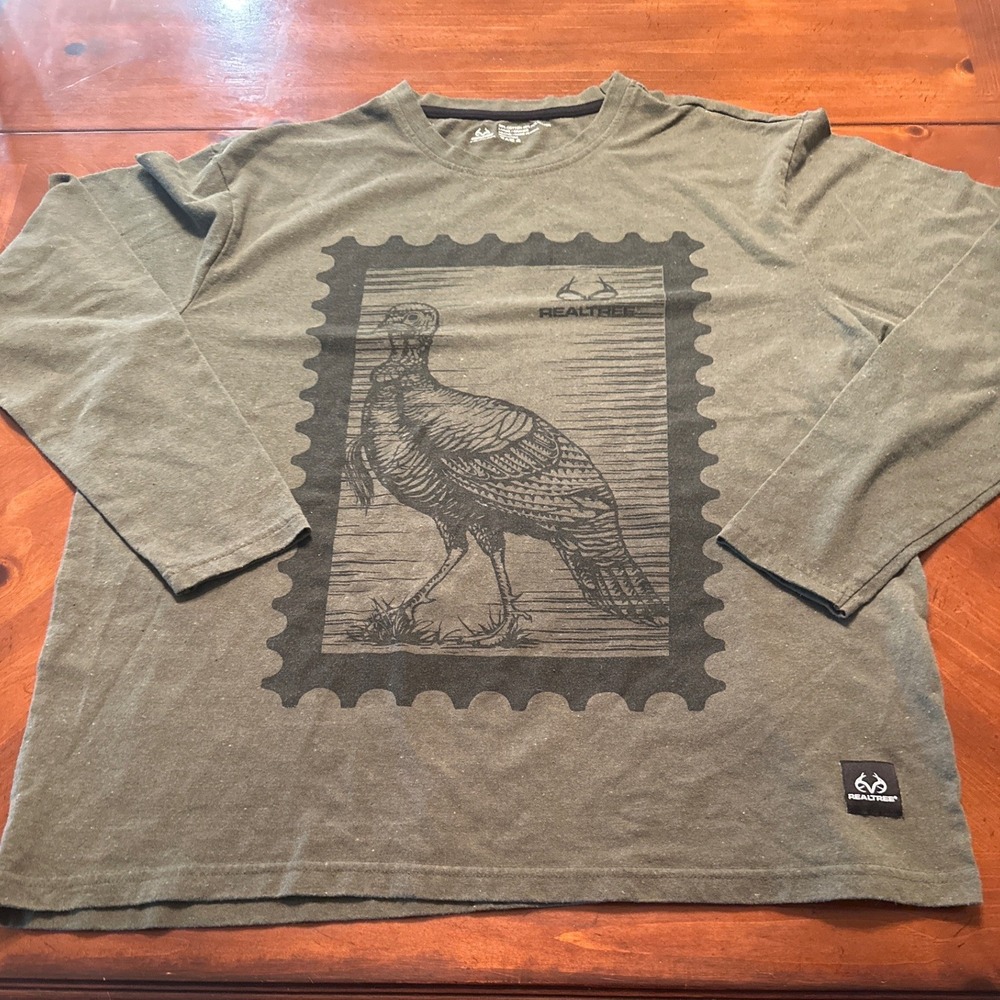 Realtree Graphic Tee Mens Large Green Excellent Turkey Stamp Long Sleeve Shirt